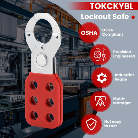 12 Pack Lockout Hasps Kit With Extended Jaw Steel Tamper Proof Loto Hasps in industrial setting with red lockout device