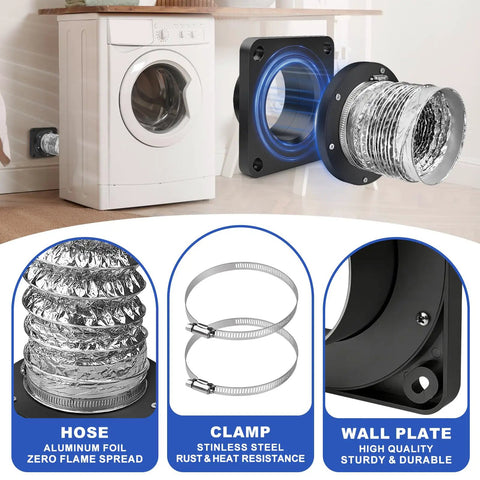 Magnetic Dryer Vent Coupler With Built In 4 Inch Sealed Hose Delivers Easy No Sweat Self Connect And Quick Disconnect In Tight Duct Spaces, Reduces Lint Buildup And Fire Risk, Strong Magnets For Secure Alignment And Durable Black. Wall-mounted 4-inch dryer vent coupler with aluminum hose, clamp, and plate