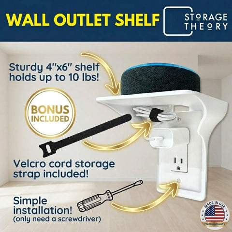 Floating Wall Outlet Shelf With Cord Storage Strap For Bedroom, Bathroom And Kitchen No Drill Needed To Reclaim Counter Space And It Fits Echo Dot, Alexa Stand, HomePod Mini, And More In White 1 Pack