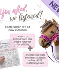 DIY Hobby Horse Halter Kit For Stick Horses with printed instructions and a stick horse wearing a pastel rope halter.