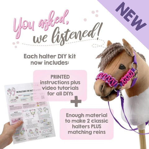DIY Hobby Horse Halter Kit For Stick Horses with printed instructions and a stick horse wearing a pastel rope halter.