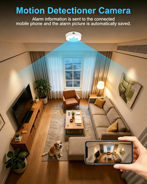 Slick Hidden Smoke Detector With Hella Crisp 1080P Wireless Video And Flawless Wifi Connectivity showing indoor scene with a pet and motion detection view.