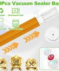 Handheld Vacuum Sealer For Food With 30 Reusable Bags showing BPA-free, odorous, food-grade, dishwasher-safe features