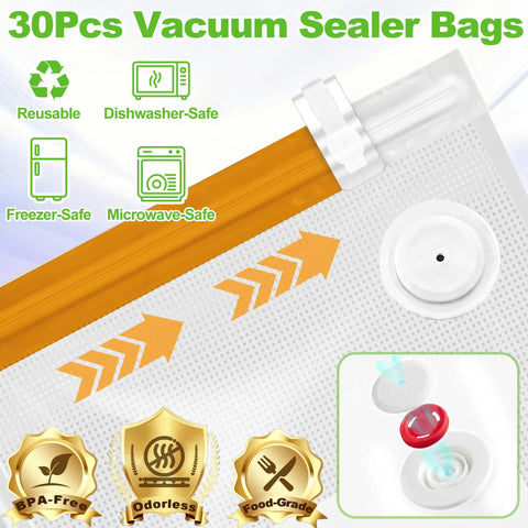 Handheld Vacuum Sealer For Food With 30 Reusable Bags showing BPA-free, odorous, food-grade, dishwasher-safe features