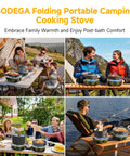 People using Dual Burner Portable Camping Stove With 20000 BTU Total Power Folding Design Adjustable Burners in various outdoor settings