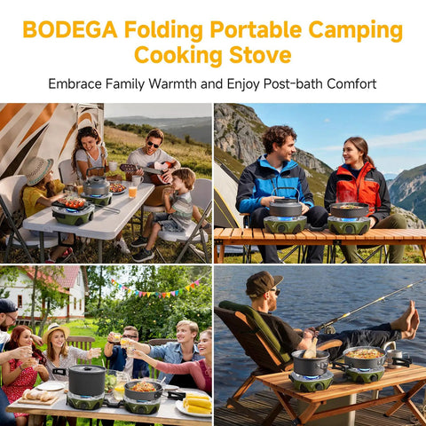 People using Dual Burner Portable Camping Stove With 20000 BTU Total Power Folding Design Adjustable Burners in various outdoor settings