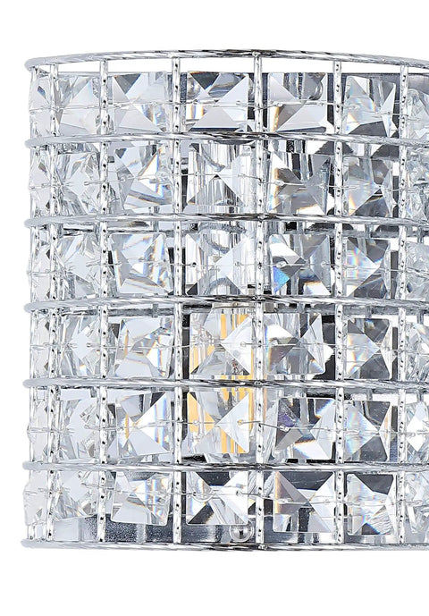 Close-up of crystal prisms on Chrome Modern LED Vanity Light Sconce, 3-Light Glass Crystal Shade, Glam Bathroom Wall Lighting.