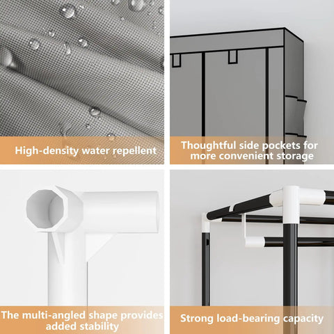 Portable Wardrobe Organizer with Six Roomy Shelves and Four Hanging Sections, water-resistant cover, steel frame details