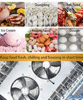Heavy Duty Commercial Kitchen Workhorse Blast Chiller And Freezer Featuring 15 Stainless Steel Trays in use, chilling various foods.