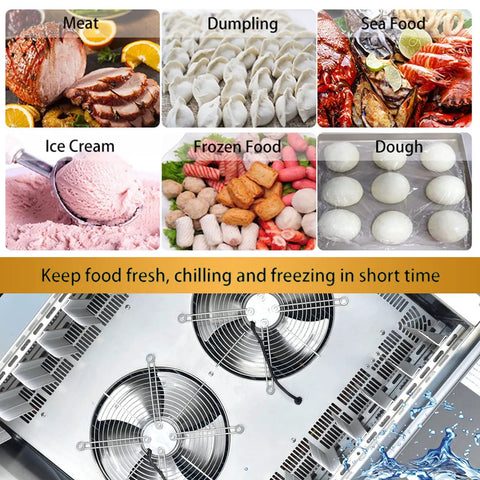 Heavy Duty Commercial Kitchen Workhorse Blast Chiller And Freezer Featuring 15 Stainless Steel Trays in use, chilling various foods.