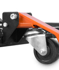 Mobile Base For Saws And Tools, Heavy Duty 500 Pound Capacity, close-up of swivel caster with orange lever
