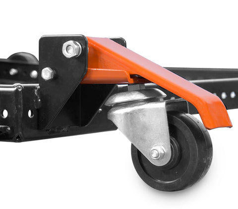 Mobile Base For Saws And Tools, Heavy Duty 500 Pound Capacity, close-up of swivel caster with orange lever
