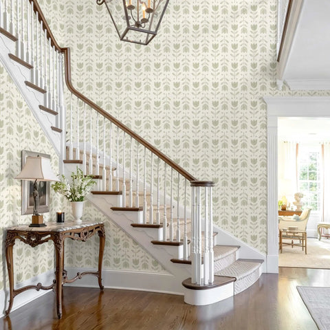 Fresh Green Floral Wallpaper Peel And Stick Self Adhesive Tulip Contact Paper Rental Friendly Home Decor on staircase wall.