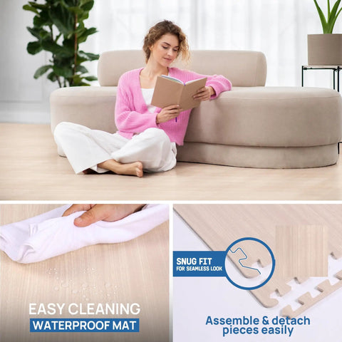 Woman sitting on sofa reading with interlocking EVA floor mats, showcasing waterproof surface and seamless connection details.