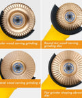 Close-up of 9 Piece Wood Carving Disc Set for 4 Inch and 4 1/2 Inch Angle Grinders with 5/8 Inch Arbor in gold finish.