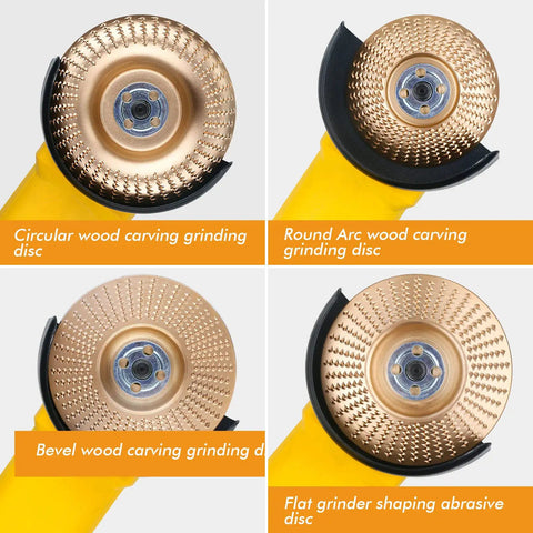 Close-up of 9 Piece Wood Carving Disc Set for 4 Inch and 4 1/2 Inch Angle Grinders with 5/8 Inch Arbor in gold finish.
