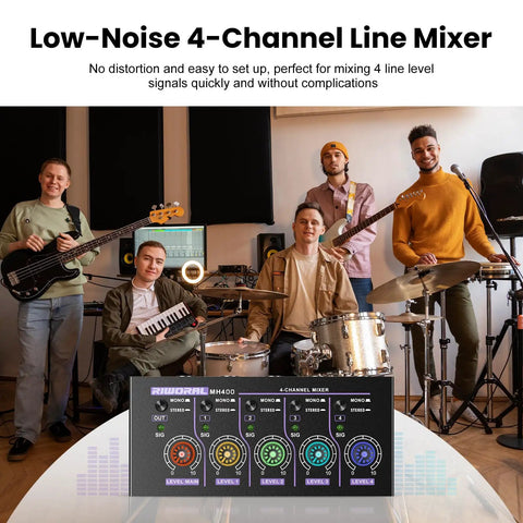 Musicians in studio with Compact 4 Channel Mini Audio Mixer With 1 Quarter Inch TS TSR Input Jacks, Stereo Mono Switch