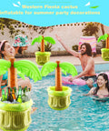 Three Pack 27 Inch Inflatable Palm Tree Coolers Giant Blow Up Drink Holders For Pool Party Beach Decor in use at poolside party