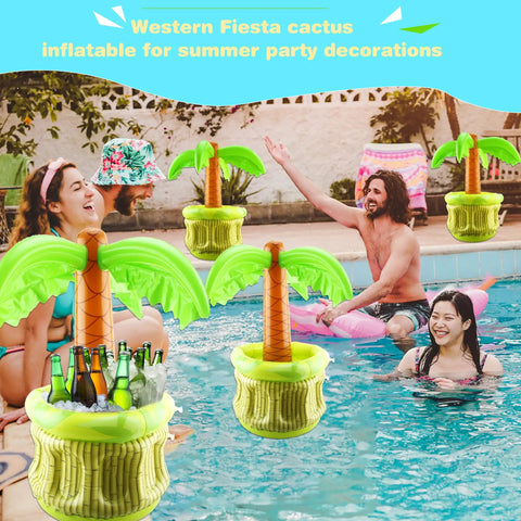 Three Pack 27 Inch Inflatable Palm Tree Coolers Giant Blow Up Drink Holders For Pool Party Beach Decor in use at poolside party