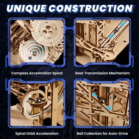 3D Wooden Marble Run Puzzle Kit For Adults, Mechanical Wood Roller Coaster Model with spiral and gear details