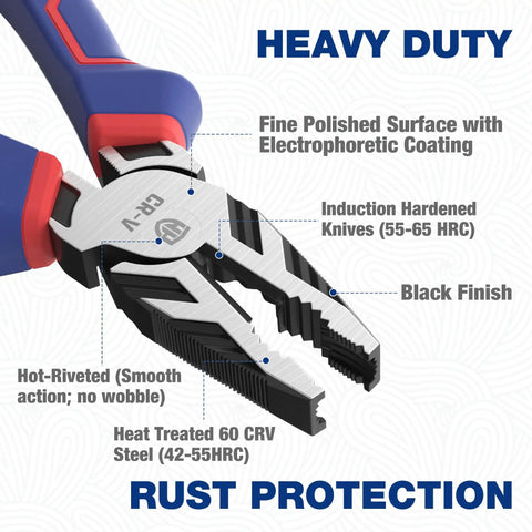 Close-up of All In One Linesman Pro Screw Extractor Pliers With Non Slip Jaws For Damaged Or Rusted Fasteners Quick Removal 8 Inch Combination Pliers With Heavy Duty Features.