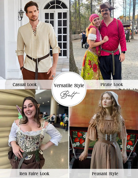 Badass Medieval Leather Belt For Renaissance Cosplay And Hella Cool Pirate Viking Props Featuring Embossed Buckle with models in diverse costumes.