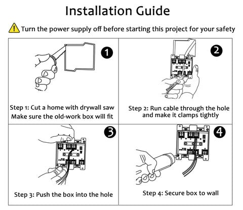 Installation guide for 10 Pack Single Gang Electrical Outlet Box for Old Work 14 Cu In Junction Box with steps 1 to 4.