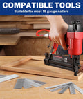 Person using a pneumatic nailer with 18 Gauge Brad Nails Kit 6000 Count With 3/4 Inch, 1-1/4 Inch, 1-1/2 Inch And 2 Inch Nails
