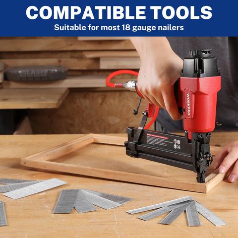 Person using a pneumatic nailer with 18 Gauge Brad Nails Kit 6000 Count With 3/4 Inch, 1-1/4 Inch, 1-1/2 Inch And 2 Inch Nails