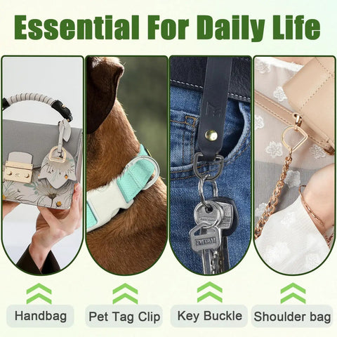10 Pack Small D Ring Carabiner Clips Set used for handbags, pet tag clips, key buckles, and shoulder bags in daily life.