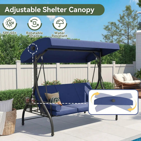 Outdoor Porch Swing With Stand And Canopy For Three Seats Adults Convertible 2 In 1 Swing Bed With Cup Holder Thick Cushions