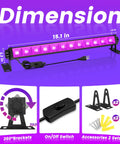 LED Black Light Bar 40 LEDs 38W Lit Glow Party Light with dimensions, switch, brackets, and accessories shown.