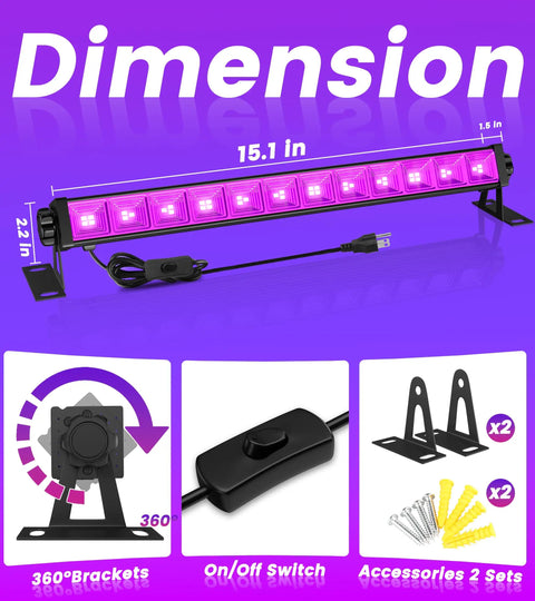 LED Black Light Bar 40 LEDs 38W Lit Glow Party Light with dimensions, switch, brackets, and accessories shown.