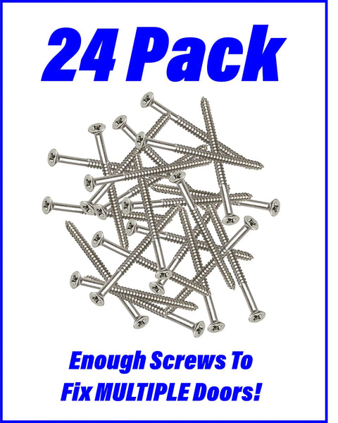 Professional Grade Tough As Nails Extra Long Satin Nickel Steel Wood Screws For Door Hinge Upgrades And Sagging Door Fixes With Knockout Security 24 Pack, flat head phillips screws, 3 inch
