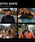 Collage with law enforcement, rescuers in boat, construction workers, and emergency responder for Elite Hands Free Safety Light use.