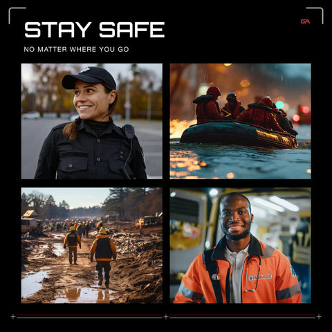 Collage with law enforcement, rescuers in boat, construction workers, and emergency responder for Elite Hands Free Safety Light use.