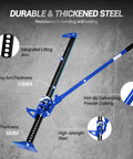 Diagram of blue Ratcheting Farm Jack 48 Inch Heavy Duty Lift 7,000 Lb Capacity with lift arm and base details