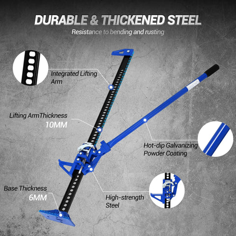 Diagram of blue Ratcheting Farm Jack 48 Inch Heavy Duty Lift 7,000 Lb Capacity with lift arm and base details