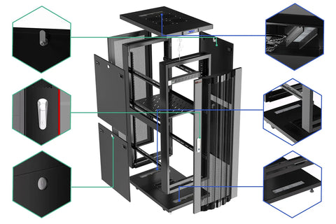 Beast Mode Rolling Server Rack With Full Locking Accessory Kit featuring an LCD screen, thermal fans, and adjustable shelves.