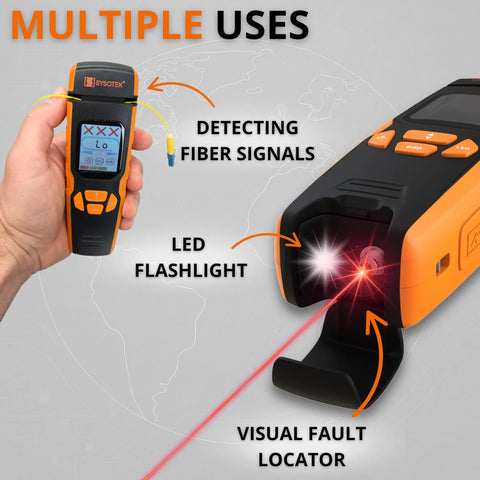 Front view of orange/black Optical Fiber Identifier with handheld probe and built-in visual fault locator
