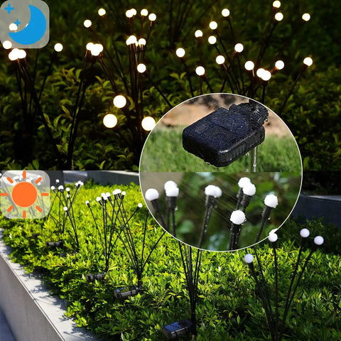 Solar Garden Lights Outdoor 4 Pack Firefly Swaying Lights Waterproof Garden Decor illuminating a lush yard at night and day.