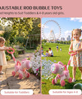 Magical Pink Unicorn Bubble Machine For Toddlers Ages Two To Four, Portable Electric Toy With Bright LED Lights and push walker design in a park.