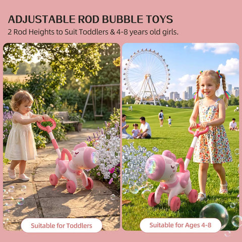 Magical Pink Unicorn Bubble Machine For Toddlers Ages Two To Four, Portable Electric Toy With Bright LED Lights and push walker design in a park.