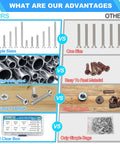 Comparison chart showing advantages of 100 Piece Phillips Flat Head Screws Kit For Electrical Projects Sizes 6-32 And 8-32 Extra Long 304 Stainless Steel Outlet Screws For Wall Plates Switches Receptacles Mounting Screws Set For DIY Home Fixes With Storage Case including multiple sizes, 304 stainless steel, and a clear label box over single size, rust-prone material, and simple bags.