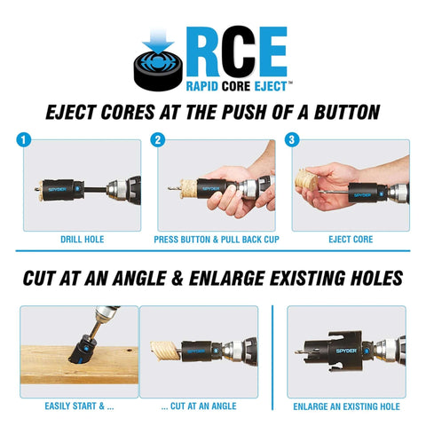 Spyder 1/2-in quick-change hole saw arbors; black body with blue logo, shown with drill for cutting and ejecting cores.