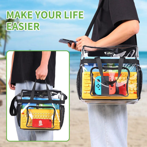Person holding Go To Clear Stadium Bag For Work And Gym With Non Detachable Reinforced Straps 12 By 5.5 By 12 Inches Transparent Tote