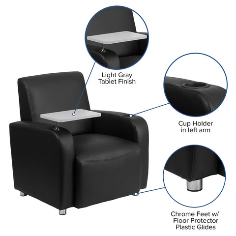George LeatherSoft Guest Chair With Tablet Arm And Cup Holder For Offices And Waiting Rooms, black with light gray tablet top