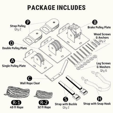 Garage Ceiling Cargo Hoist With Metal Pulley System Capable Of Holding 150 Lbs 5.5 Inch Low Profile Storage Lift package contents diagram
