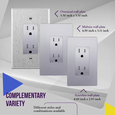 Decorator Receptacle Outlet Tamper-Resistant 15A 125V Self-Grounding 2-Pole UL Listed gloss finish with three wall plate sizes