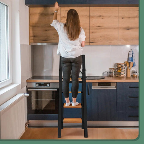 Four Step Folding Aluminum Step Ladder With Handle For Home Use Non Slip Pedals And Rubber Feet Safe Sturdy Kitchen And Garage Ladder For Adults Lightweight Portable Easy Fold And Store In Small Spaces used in kitchen to reach upper cabinets